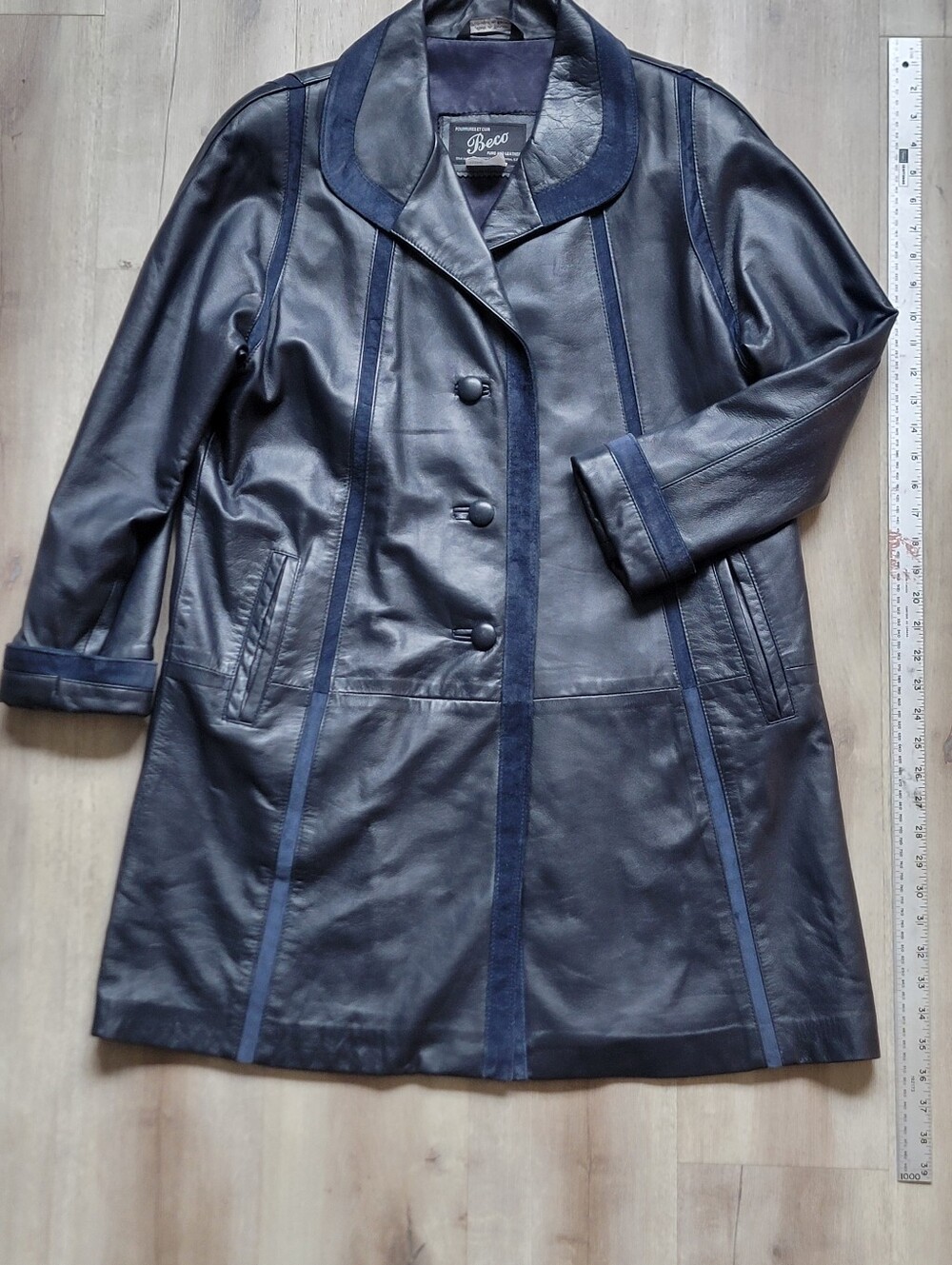 Women's Navy Leather Button-Front Coat